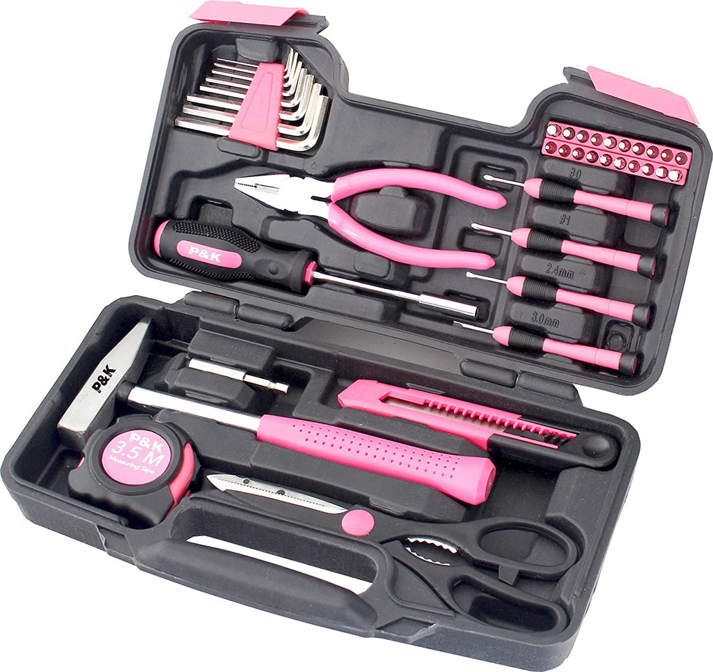 39-teiliges Werkzeugset im Pinken Werkzeugkoffer – Umfassende Ausstattung für präzise Reparaturen und DIY-Projekte P & K