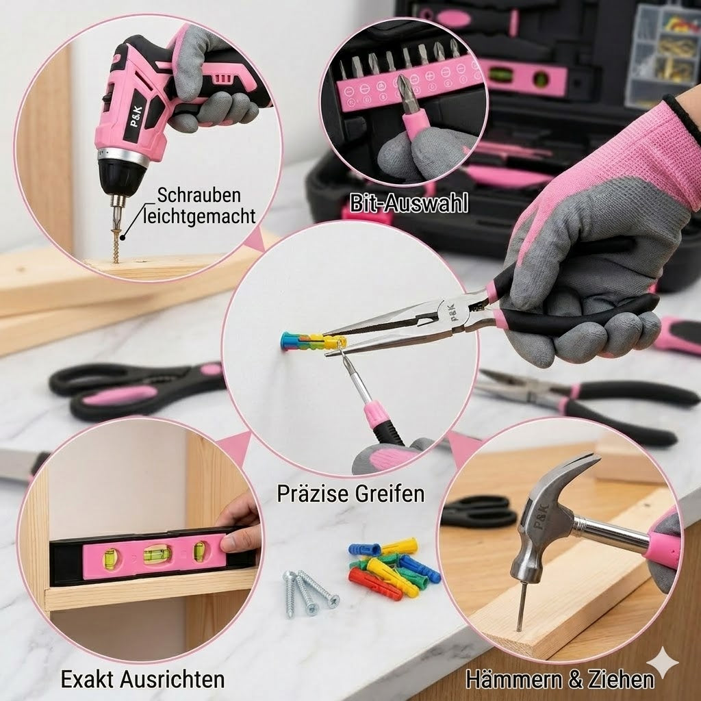 135-teiliges Werkzeugkoffer-Set in Pink – Alles, was Sie für Reparaturen und DIY-Projekte brauchen P & K