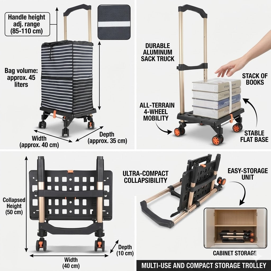 Faltbare Sackkarre mit Tasche, 2in1 Einkaufstrolley & Sackkarre – faltbar, 360° Rollen, Alu-Gestell