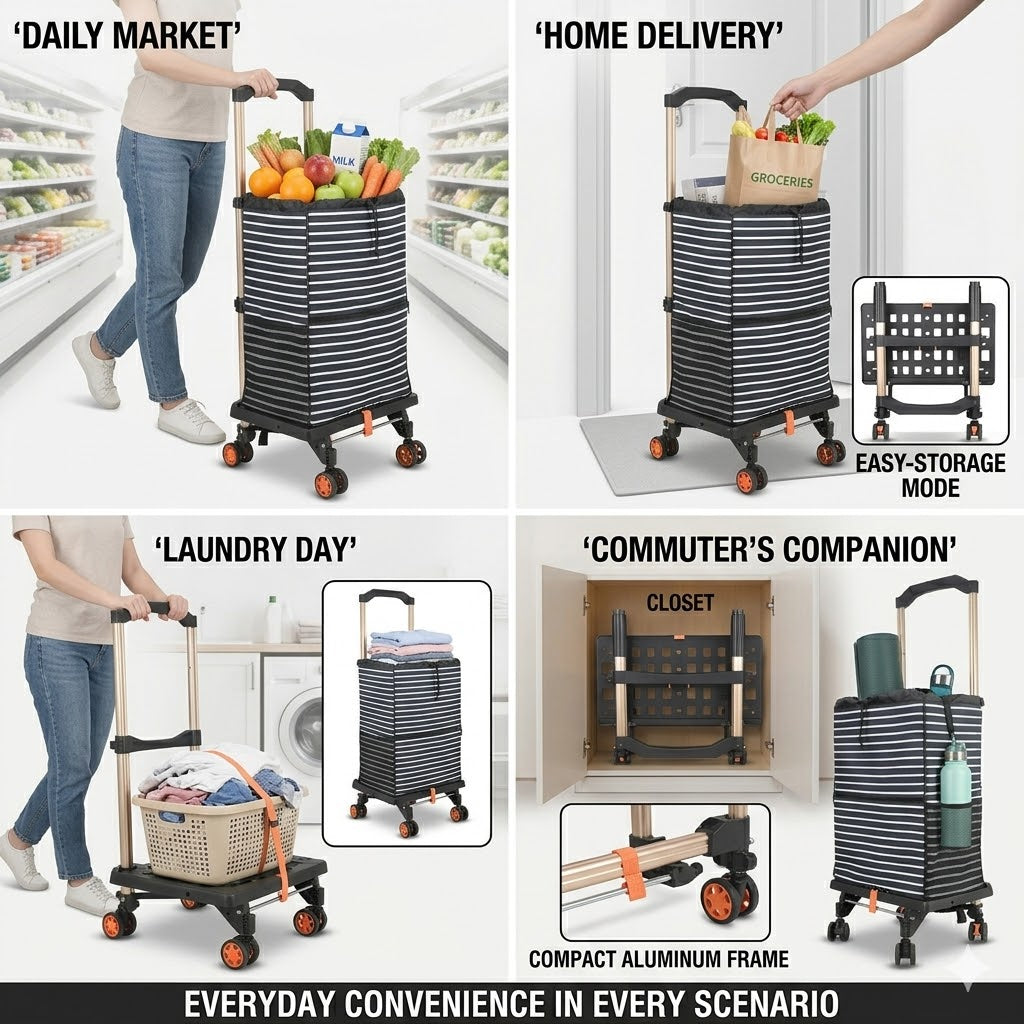 Faltbare Sackkarre mit Tasche, 2in1 Einkaufstrolley & Sackkarre – faltbar, 360° Rollen, Alu-Gestell