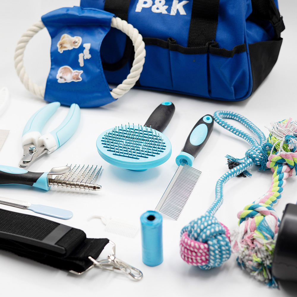 15-teiliges Tierpflege- und Spielset Hundeleine Hundespielzeug in Blau mit Kotgreifer– Komplettset für die Pflege und den Spaß Ihres Haustieres P & K