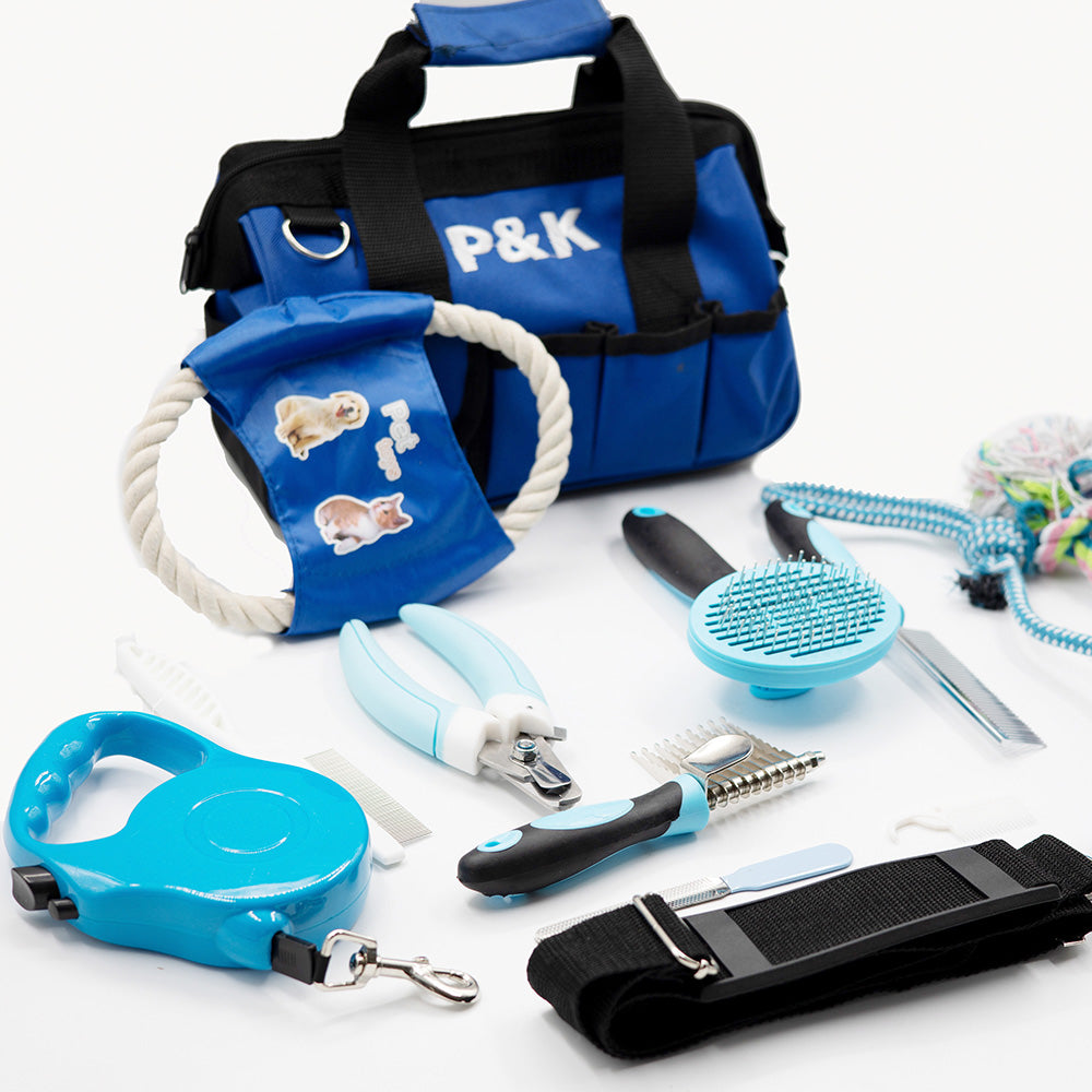 15-teiliges Tierpflege- und Spielset Hundeleine Hundespielzeug in Blau mit Kotgreifer– Komplettset für die Pflege und den Spaß Ihres Haustieres P & K