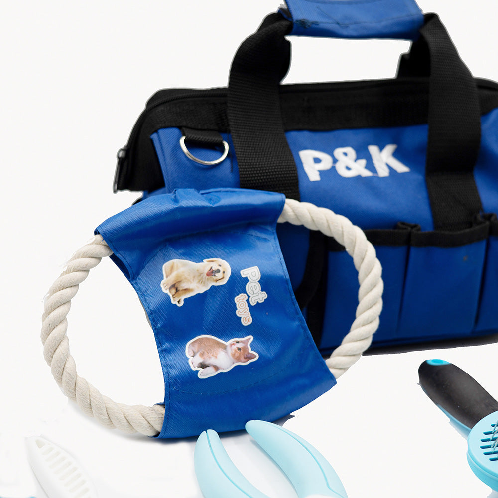 15-teiliges Tierpflege- und Spielset Hundeleine Hundespielzeug in Blau mit Kotgreifer– Komplettset für die Pflege und den Spaß Ihres Haustieres P & K