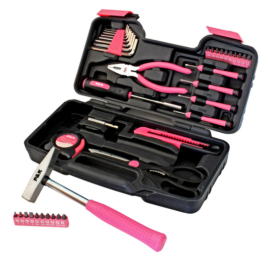P & K 39-teiliges Werkzeugset im Pinken Werkzeugkoffer – Umfassende Ausstattung für präzise Reparaturen und DIY-Projekte