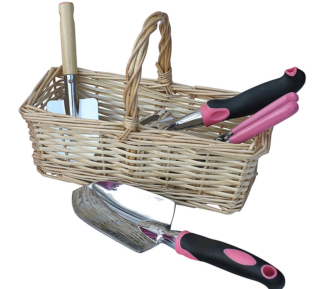 49-teilige Gartenwerkzeugset in Pink mit Praktischem Korb und Taschen- Ideal für Garten- oder Balkonarbeit und Pflanzpflege P & K
