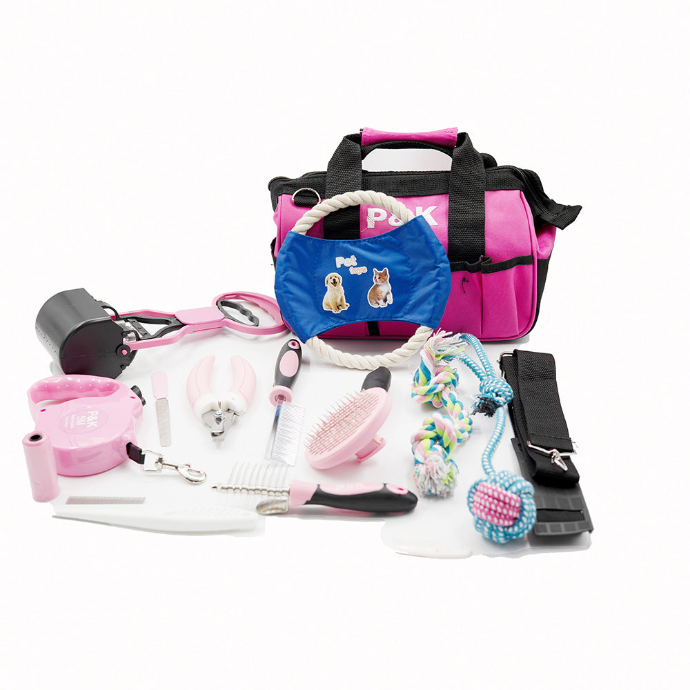 15-teiliges Tierpflege- und Spielset Hundeleine Hundespielzeug in Pink mit Kotgreifer– Komplettset für die Pflege und den Spaß Ihres Haustieres P & K