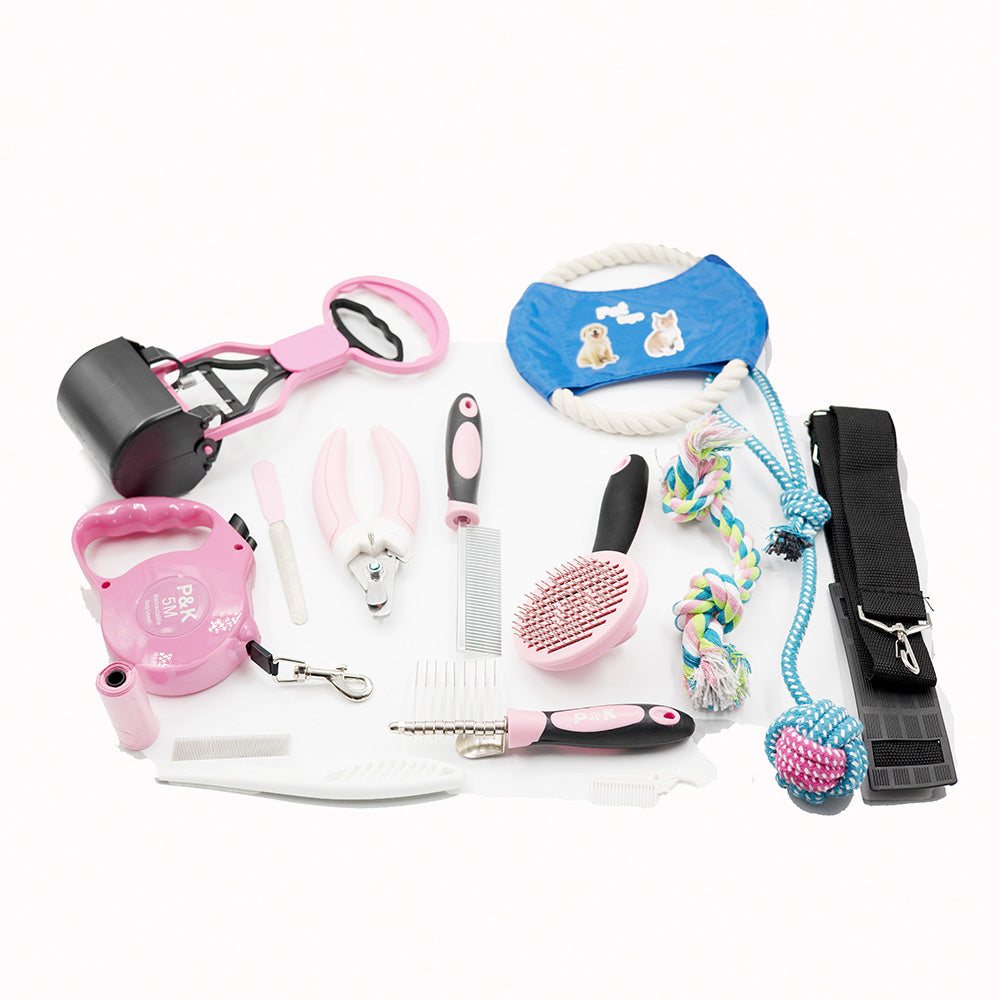 15-teiliges Tierpflege- und Spielset Hundeleine Hundespielzeug in Pink mit Kotgreifer– Komplettset für die Pflege und den Spaß Ihres Haustieres P & K