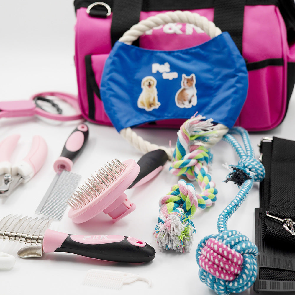 15-teiliges Tierpflege- und Spielset Hundeleine Hundespielzeug in Pink mit Kotgreifer– Komplettset für die Pflege und den Spaß Ihres Haustieres P & K