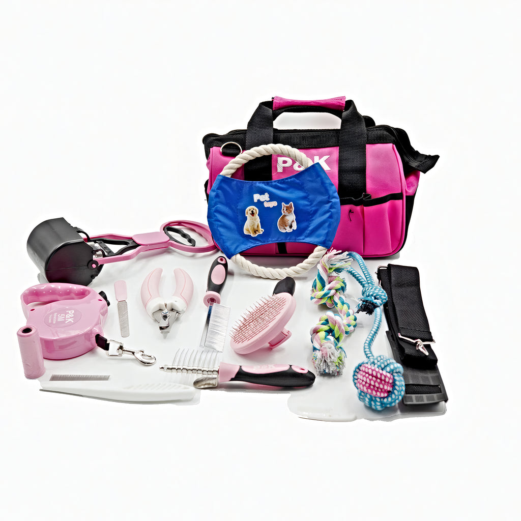 15-teiliges Tierpflege- und Spielset Hundeleine Hundespielzeug in Pink mit Kotgreifer– Komplettset für die Pflege und den Spaß Ihres Haustieres P & K