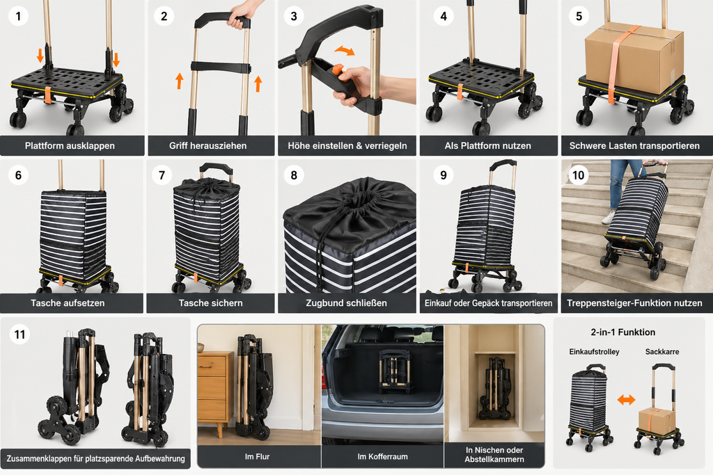 Faltbare Sackkarre mit Tasche ,2in1 Treppensteiger-Einkaufstrolley – 50kg Last, faltbar, Sackkarre
