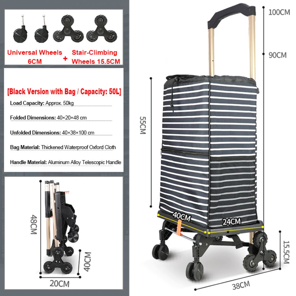 Faltbare Sackkarre mit Tasche ,2in1 Treppensteiger-Einkaufstrolley – 50kg Last, faltbar, Sackkarre