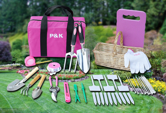 P & K 49-teilige Gartenwerkzeugset in Pink mit Praktischem Korb und Taschen- Ideal für Garten- oder Balkonarbeit und Pflanzpflege