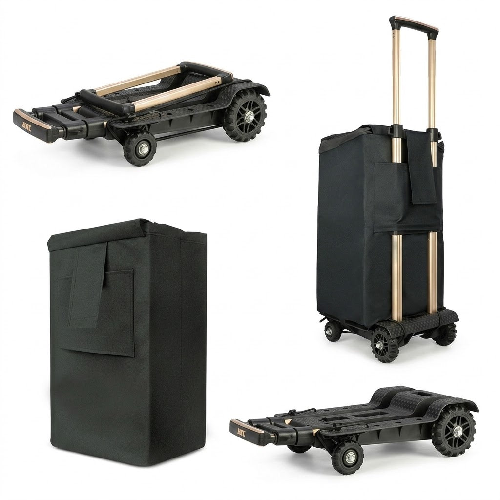 Faltbare Sackkarre mit Tasche – 4 Räder Gepäckwagen & Transportkarre